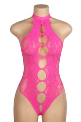Sexy Hot Pink Lace Halter Bodysuit