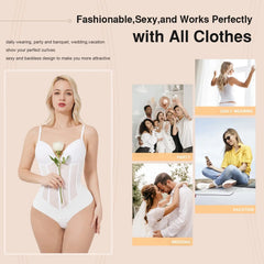 White Plunge Backless Bodysuit Shaper With Built-In Bra And Velvet Boned Corset