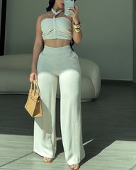 Braided Trim Two Piece Outfit with Flared Trousers