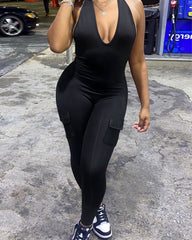 Thigh-Neck V-Neck Sports Jumpsuit With Pocket Hip Lift