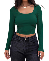 Women's Long Sleeve Square Neck Slim Fit Cropped Top