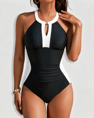 Halter Tummy Control Color Block One Piece Swimsuit with Metal Buckle