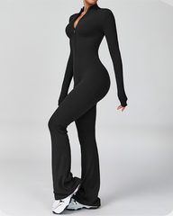 Long-Sleeved Flared Athletic Zipper Jumpsuit