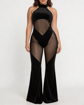 Halter Neck Mesh Panel Flare Jumpsuit