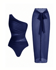 Ruched Mesh Patchwork One Piece Swimsuit with Sarong Skirt