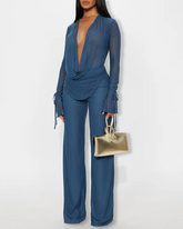 Deep V Mesh Cowl Neck Top & Wide Leg Pants Casual 2 Piece Outfit Set