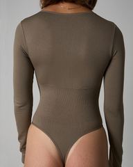 Crew Neck Zip Up Long Sleeve Slim Fit Bodysuit