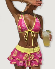Beach Vacation Halter 3-Piece Skirted Bikini Swimsuit
