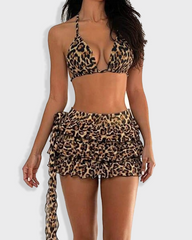 Leopard Print Tie Back Ruffle Hem Skirt Bikini 3 Piece Swimsuit Set
