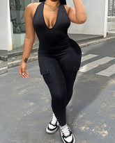 Thigh-Neck V-Neck Sports Jumpsuit With Pocket Hip Lift