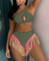 Women's Solid Color Fringe Hem Bikini