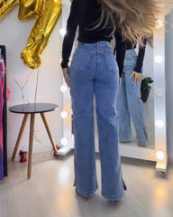 Jeans Cargo Pants for Women Y2K Straight Leg Side Zipper Denim Pants with Pockets Stretch Jeans Streetwear