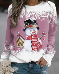 Christmas Snowman Print Round Collar Long Sleeves