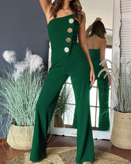 Sexy Tube Top Button-Decorated Flared Jumpsuit