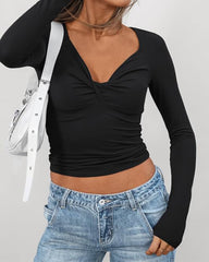 Twist Front Long Sleeve T-Shirt Slim Fit Top