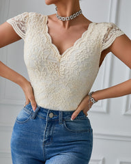 Sexy Deep V Neck Lace Short Sleeve One Piece Bodysuit