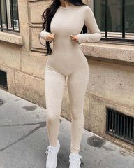 Women's Yoga Jumpsuits Ribbed Long Sleeve Crew Neck Tops Sport Jumpsuits