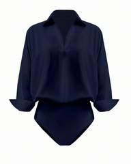 Collared V-Neck Rolled Sleeve Shirt Bodysuit