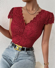 Sexy Deep V Neck Lace Short Sleeve One Piece Bodysuit