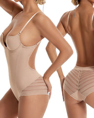 U-Shaped Bra Striped Mesh Belly Shaping Bodysuit