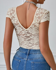 Sexy Deep V Neck Lace Short Sleeve One Piece Bodysuit