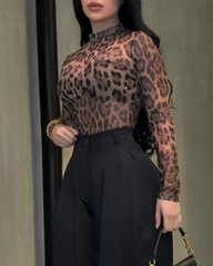 Leopard Print Mesh Top with Diamonds