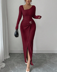 Irregular Neckline Solid Color Knit Texture Long Sleeve Maxi Dress