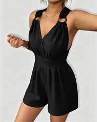 Cross-Back Halter Tie Waist Linen Romper Shorts