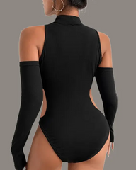 Stylish Solid-Color High-Neck Hollow Out Bodysuit