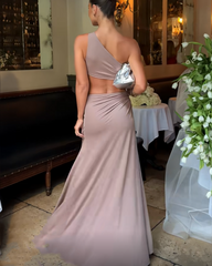 One-Shoulder Cutout Maxi Dress with Silver Ring Detail