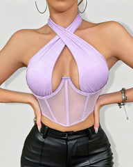 Sheer Mesh Underwire Bone Corset Halter Cami Top