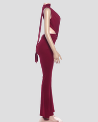Sleeveless Deep V Cutout High Waist Slim Fit Flare Leg Jumpsuit