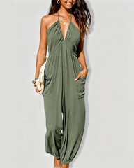 Beach Vacation Deep V Halter Sleeveless Ruched Pocket Tie-Back Wide Leg Jogger Jumpsuit