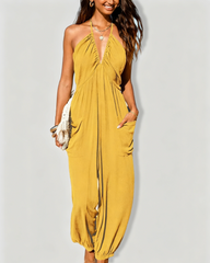 Beach Vacation Deep V Halter Sleeveless Ruched Pocket Tie-Back Wide Leg Jogger Jumpsuit