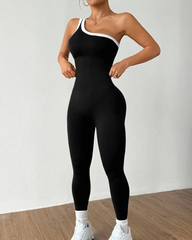 Stylish Slim-Fit Color-Blocked Asymmetrical Neckline Knit Yoga Jumpsuit