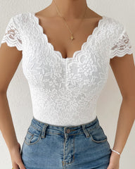 Sexy Deep V Neck Lace Short Sleeve One Piece Bodysuit