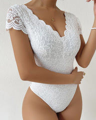 Sexy Deep V Neck Lace Short Sleeve One Piece Bodysuit