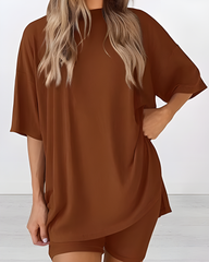 Women's Summer Casual Two-Piece Lounge Set Oversized Split Hem Shirt