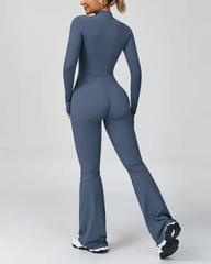 Long-Sleeved Flared Athletic Zipper Jumpsuit