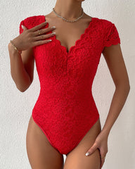 Sexy Deep V Neck Lace Short Sleeve One Piece Bodysuit
