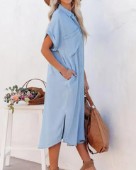 Denim Short Sleeve Button Down Long Dress With Side Split