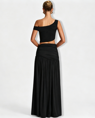 One Shoulder Sleeveless Cami Top & Ruched Side Slit Bodycon Maxi Dress Set