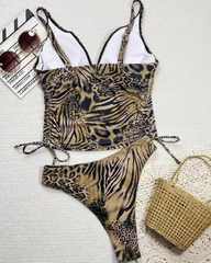Leopard Print Deep V Side Drawstring Ruched High Cut Two-Piece Bikini Set