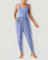 U Neck Harem Casual Jumpsuit with Side Pockets & Open Back Waist Design