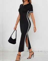 Casual Striped Short Sleeve Split Slim Fit Dress