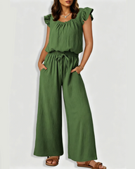 Square Neck Ruffle Sleeve Drawstring Waist Jumpsuit with Pockets