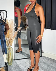 Solid Color Slim-Fit Halter-Neck Backless Jumpsuit