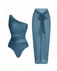 Ruched Mesh Patchwork One Piece Swimsuit with Sarong Skirt