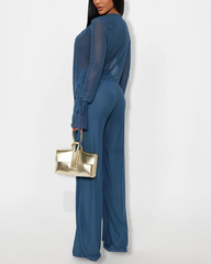 Deep V Mesh Cowl Neck Top & Wide Leg Pants Casual 2 Piece Outfit Set