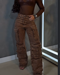 Street Style Casual Jeans With Rhinestone Studded Pockets